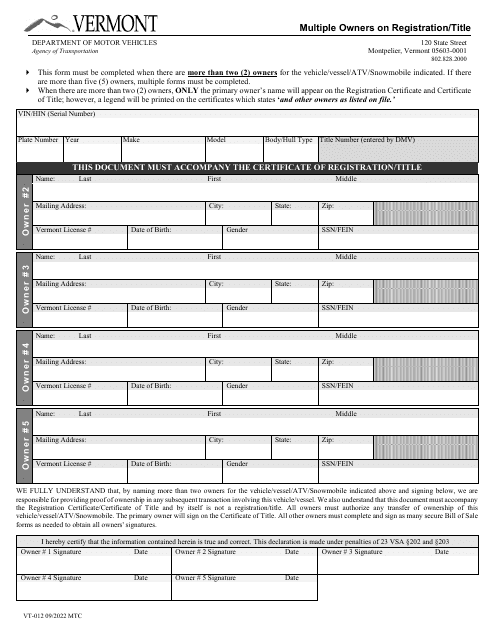Form VT-012 Multiple Owners on Registration/Title - Vermont