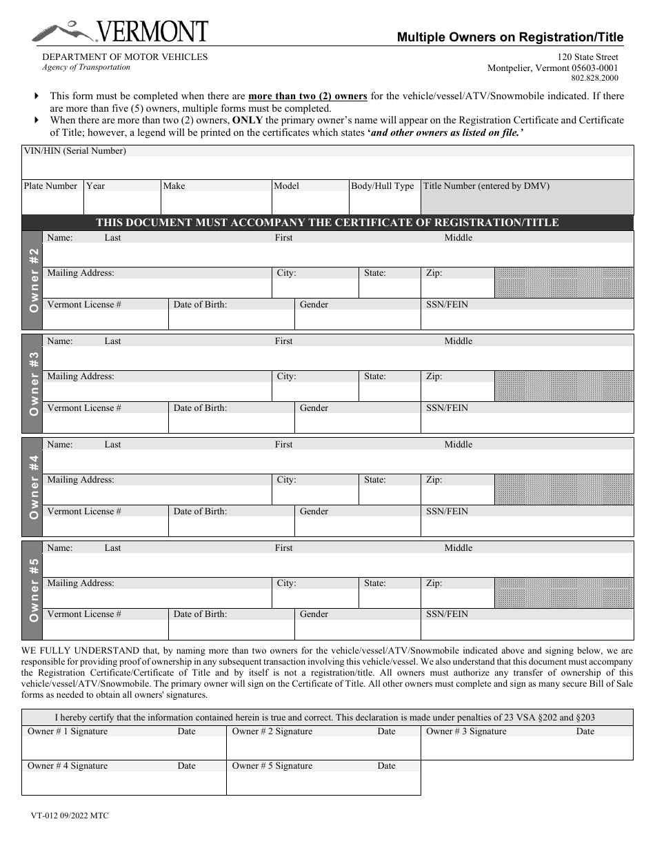 Form VT-012 Multiple Owners on Registration / Title - Vermont, Page 1