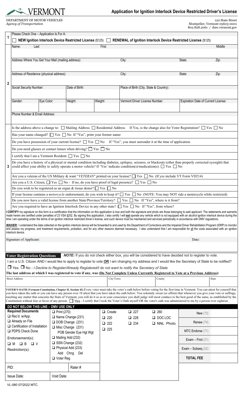 Form VL-080 Application for Ignition Interlock Device Restricted Drivers License - Vermont, Page 1