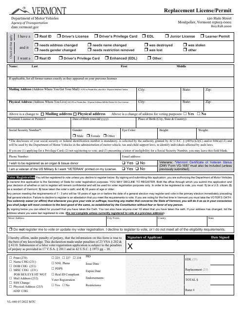 Form VL-040 Replacement License/Permit - Vermont