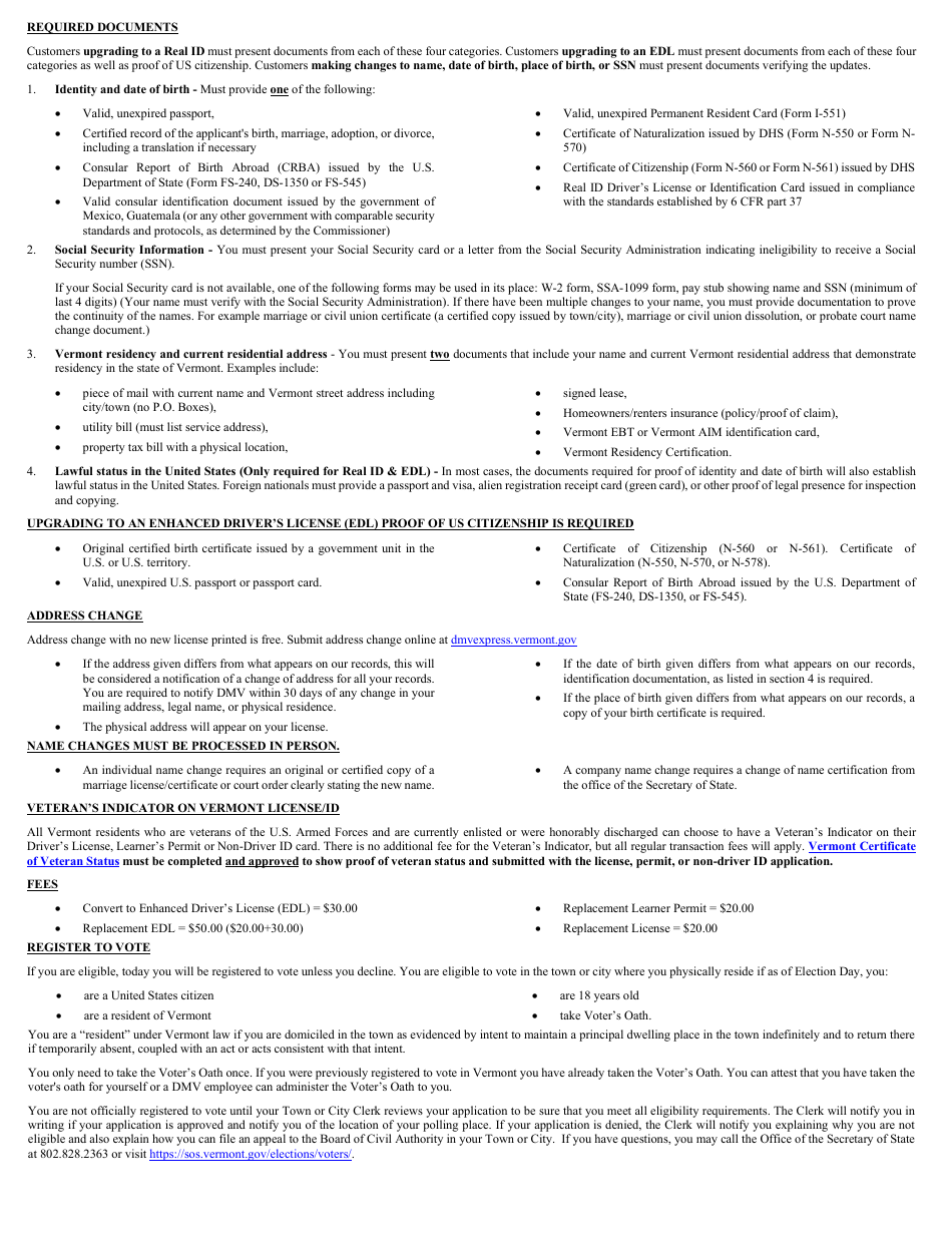 Form VL-040 Replacement License / Permit - Vermont, Page 2