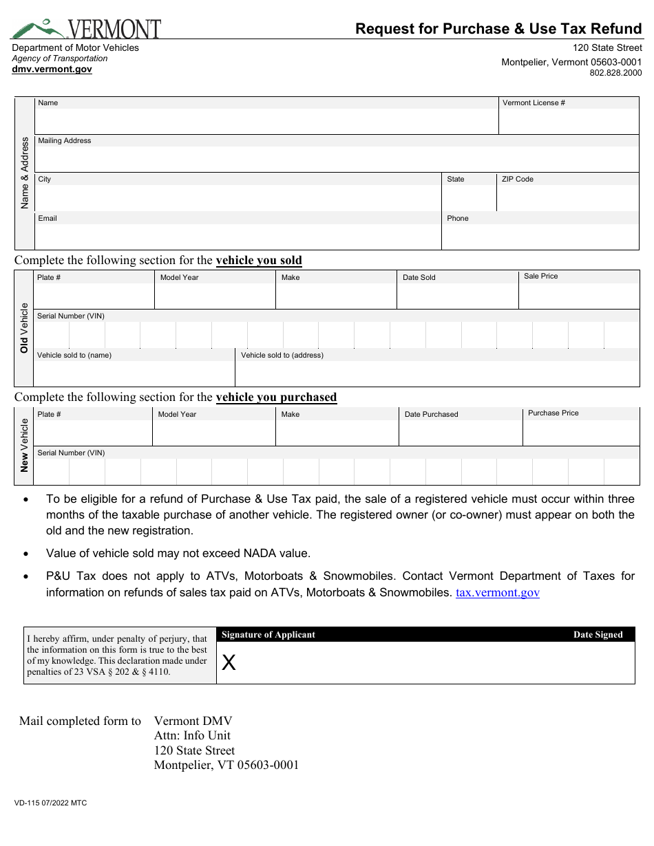 Form VD-115 Request for Purchase  Use Tax Refund - Vermont, Page 1