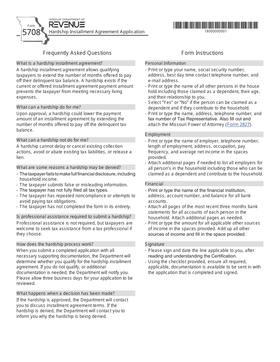 Form 5708 Hardship Installment Agreement Application - Missouri, Page 1