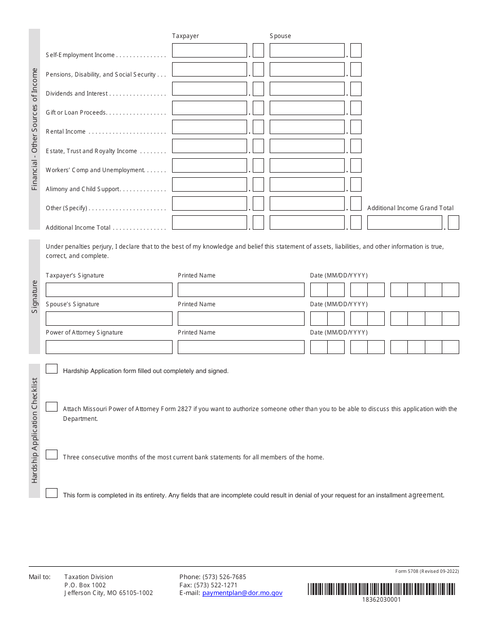 Form 5708 Hardship Installment Agreement Application - Missouri, Page 4