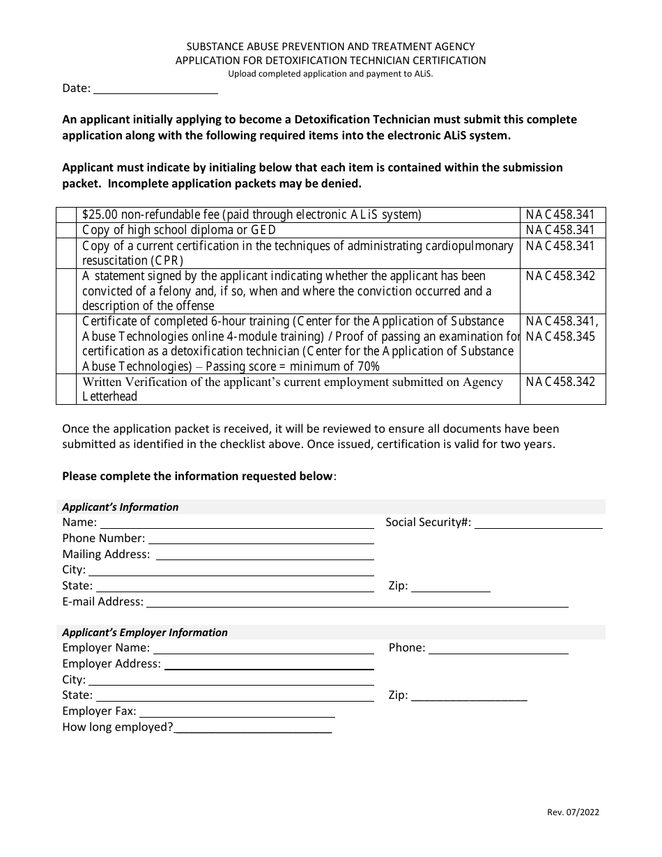 Application for Detoxification Technician Certification - Nevada, Page 1
