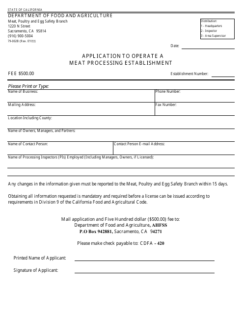 Form 79-002B Application to Operate a Meat Processing Establishment - California