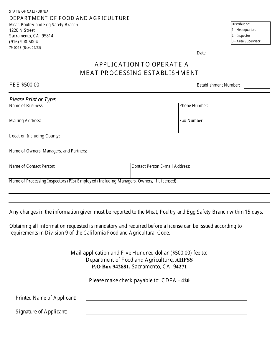 Form 79-002B Application to Operate a Meat Processing Establishment - California, Page 1