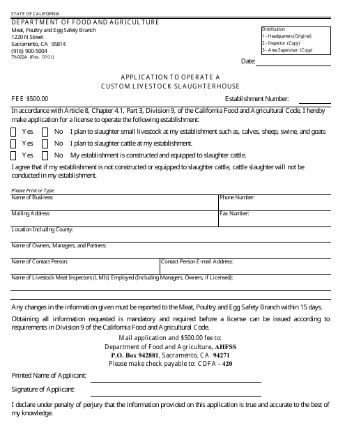 Form 79-002A Application to Operate a Custom Livestock Slaughterhouse - California