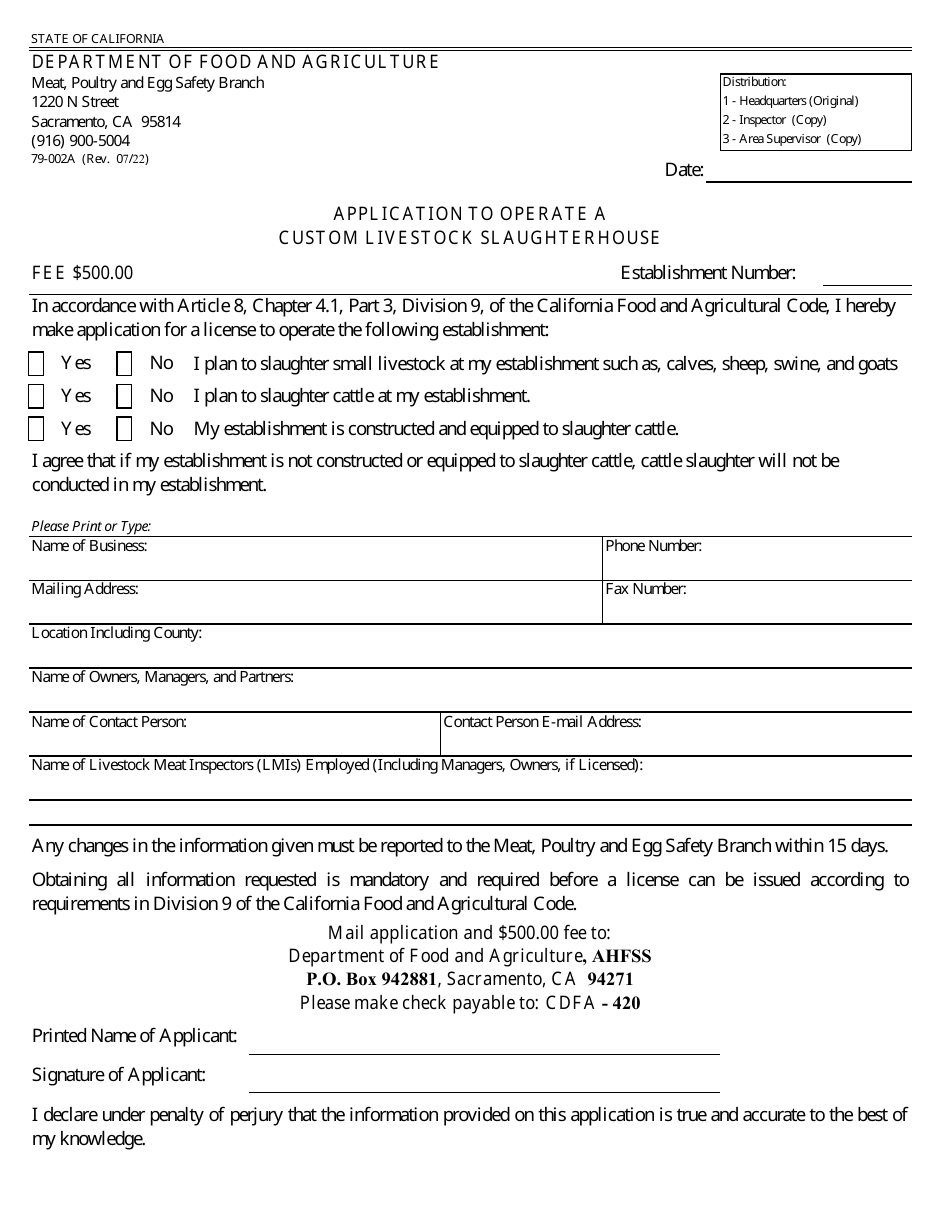 Form 79-002A Application to Operate a Custom Livestock Slaughterhouse - California, Page 1