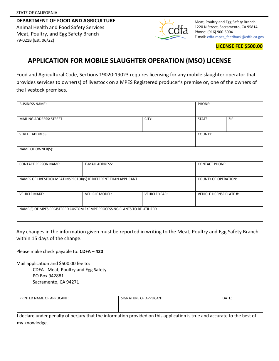 Form 79-021B Application for Mobile Slaughter Operation (Mso) License - California, Page 1