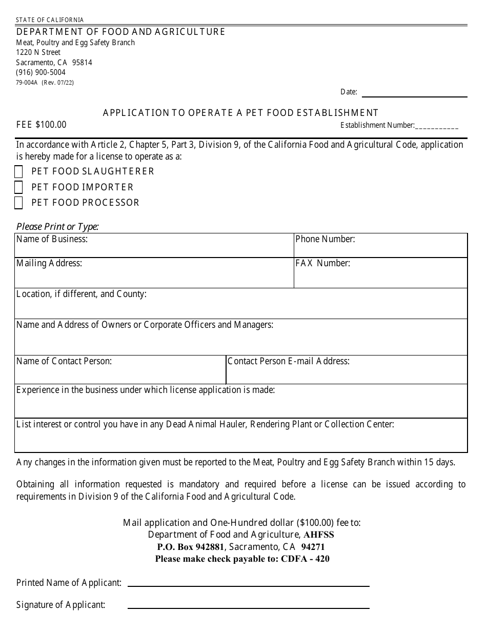 Form 79-004A Application to Operate a Pet Food Establishment - California, Page 1
