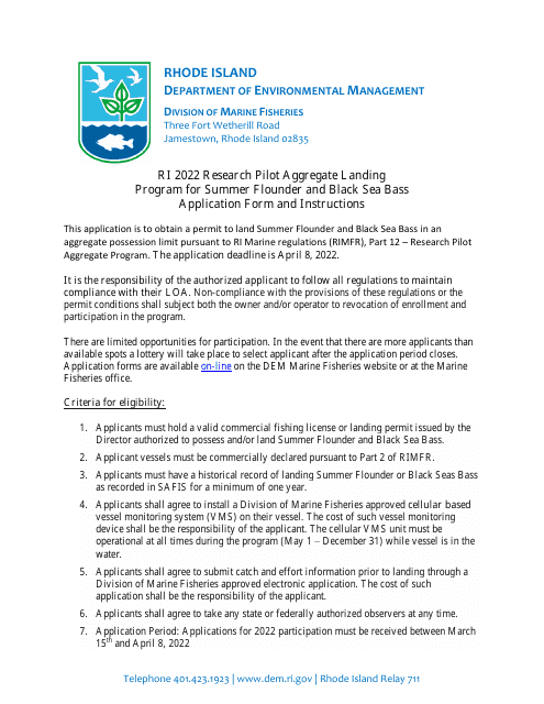 Research Pilot Aggregate Landing Program for Summer Flounder and Black Sea Bass Application - Rhode Island, 2022