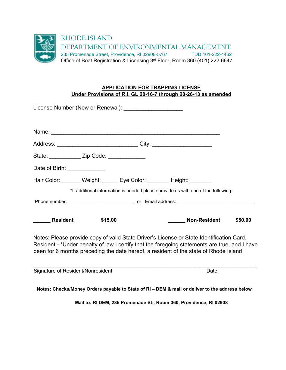 Rhode Island Application for Trapping License Under Provisions of R.i