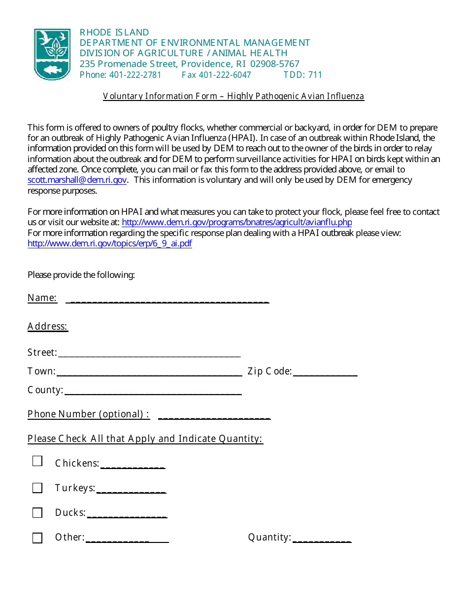 Voluntary Information Form - Highly Pathogenic Avian Influenza - Rhode Island, Page 1