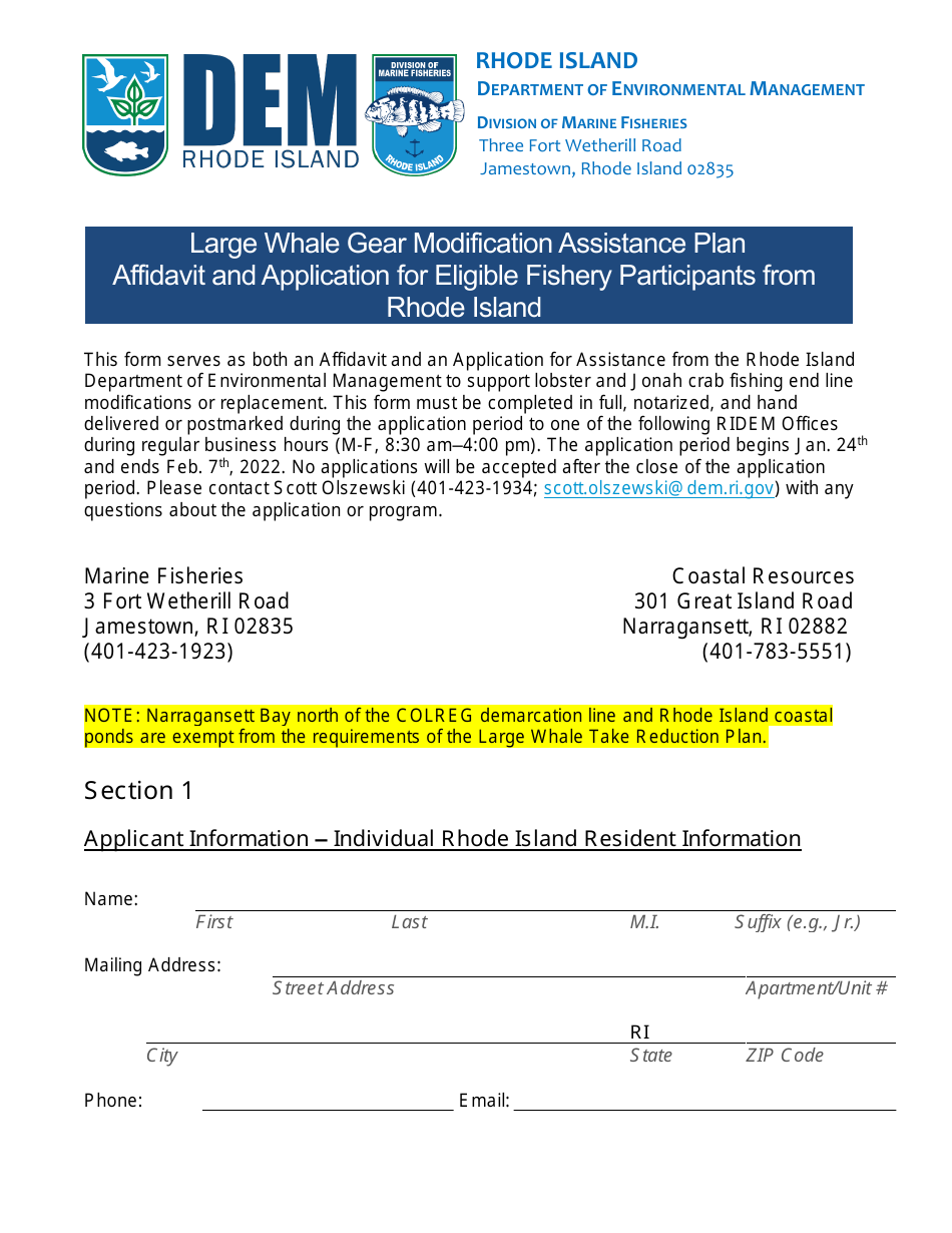 Large Whale Gear Modification Assistance Plan Affidavit and Application for Eligible Fishery Participants From Rhode Island - Rhode Island, Page 1