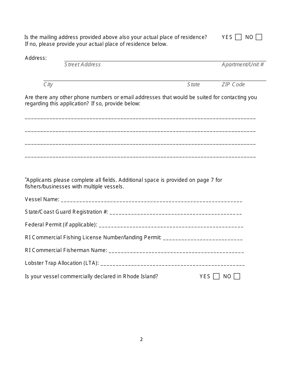 Large Whale Gear Modification Assistance Plan Affidavit and Application for Eligible Fishery Participants From Rhode Island - Rhode Island, Page 2