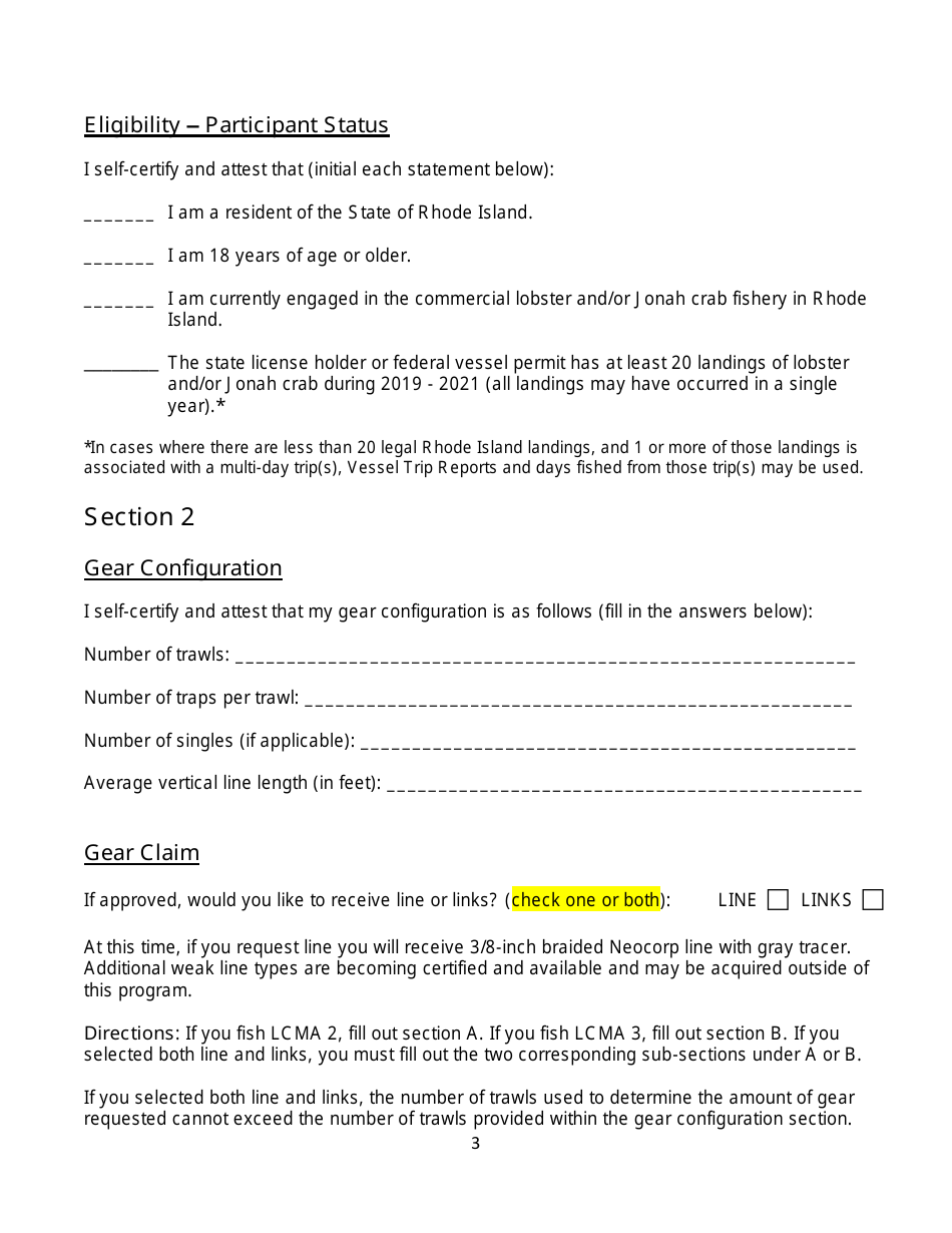 Large Whale Gear Modification Assistance Plan Affidavit and Application for Eligible Fishery Participants From Rhode Island - Rhode Island, Page 3
