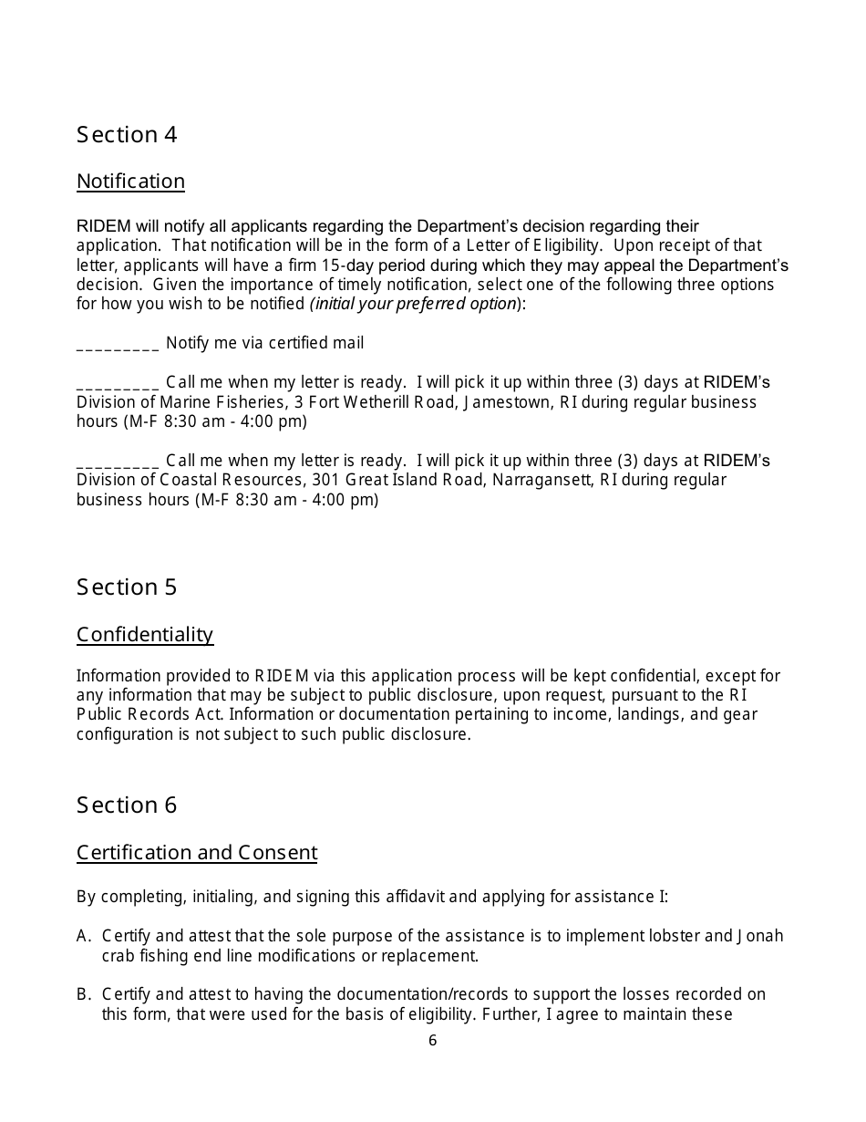 Large Whale Gear Modification Assistance Plan Affidavit and Application for Eligible Fishery Participants From Rhode Island - Rhode Island, Page 6