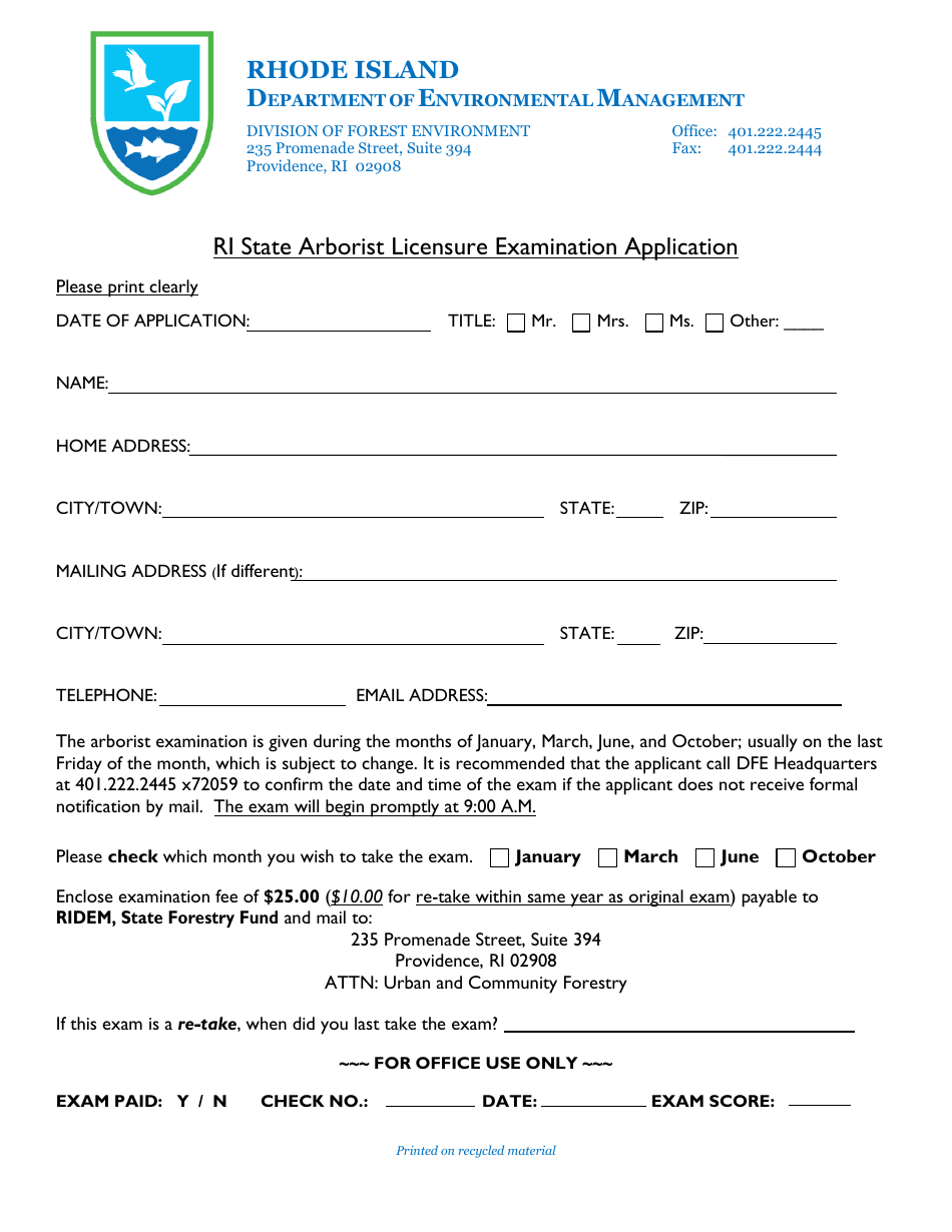 Ri State Arborist Licensure Examination Application - Rhode Island, Page 1