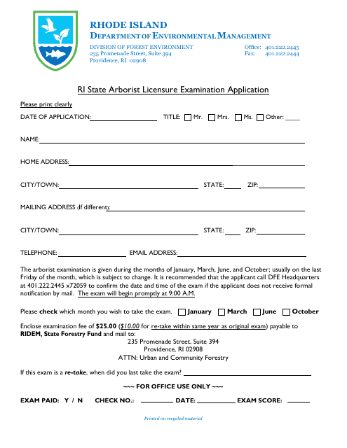 Ri State Arborist Licensure Examination Application - Rhode Island Download Pdf