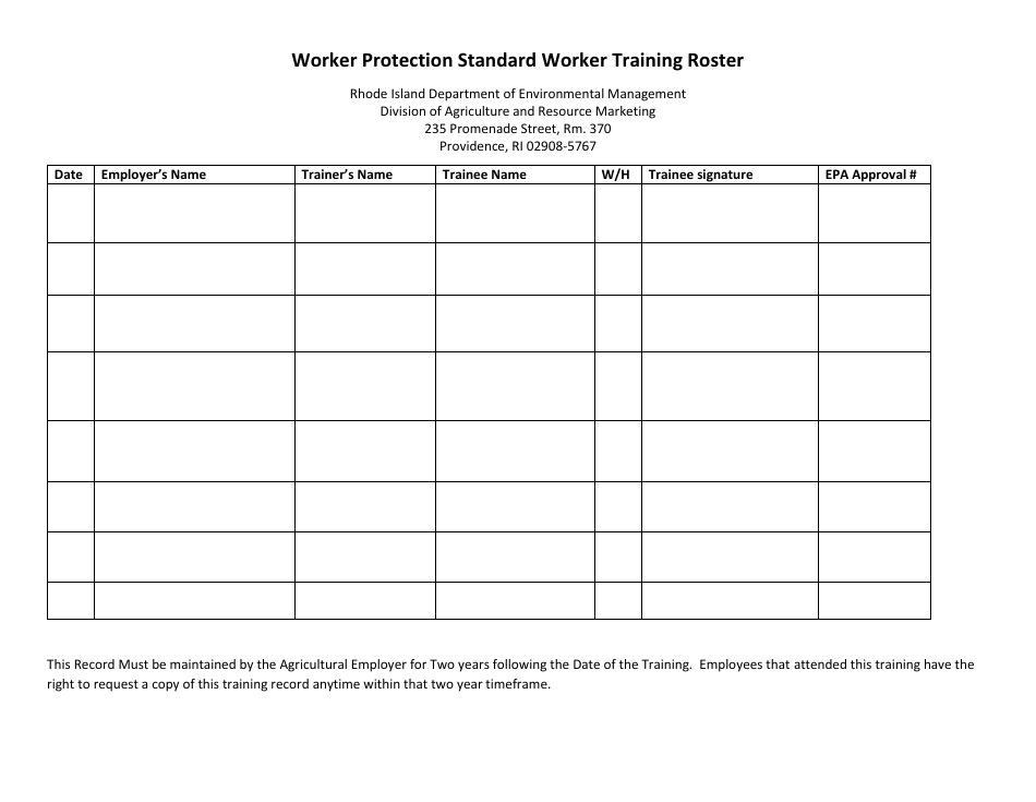 Worker Protection Standard Worker Training Roster - Rhode Island, Page 1
