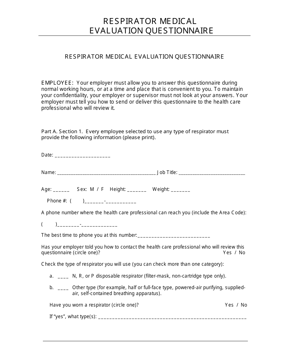 Respirator Medical Evaluation Questionnaire, Page 1