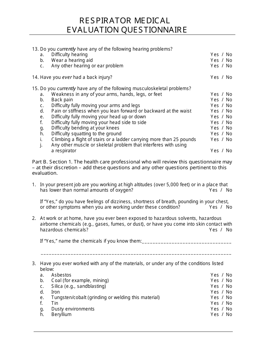 Respirator Medical Evaluation Questionnaire, Page 4