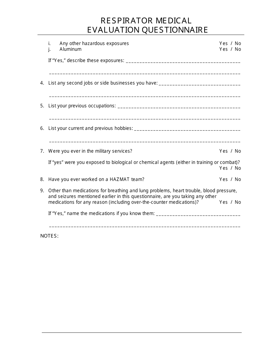 Respirator Medical Evaluation Questionnaire, Page 5