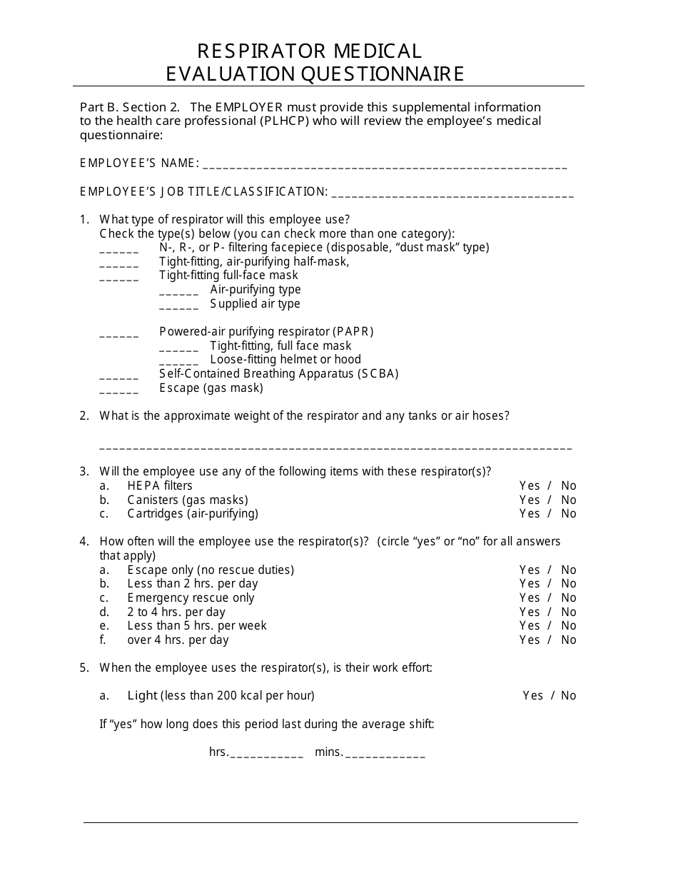 Respirator Medical Evaluation Questionnaire, Page 6
