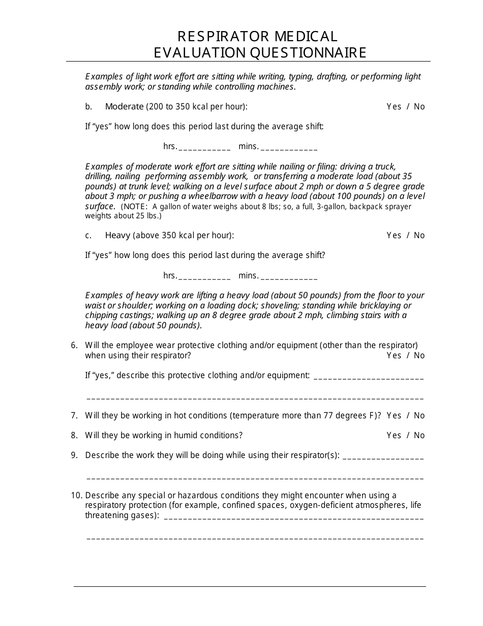 Respirator Medical Evaluation Questionnaire Fill Out Sign Online And Download Pdf