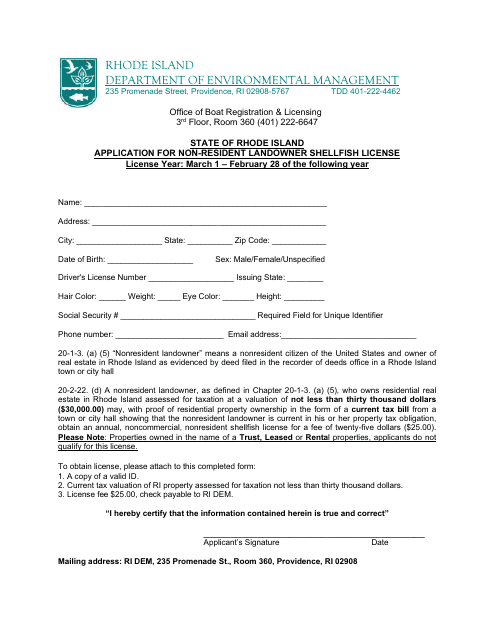 Application for Non-resident Landowner Shellfish License - Rhode Island Download Pdf