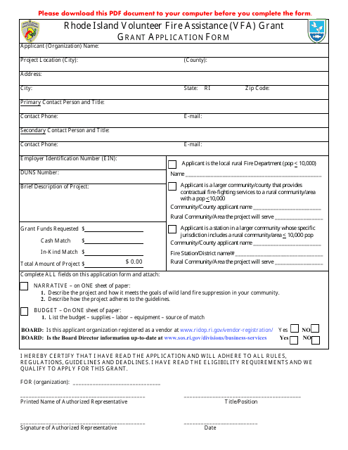 Grant Application Form - Rhode Island Volunteer Fire Assistance (Vfa) Grant - Rhode Island Download Pdf