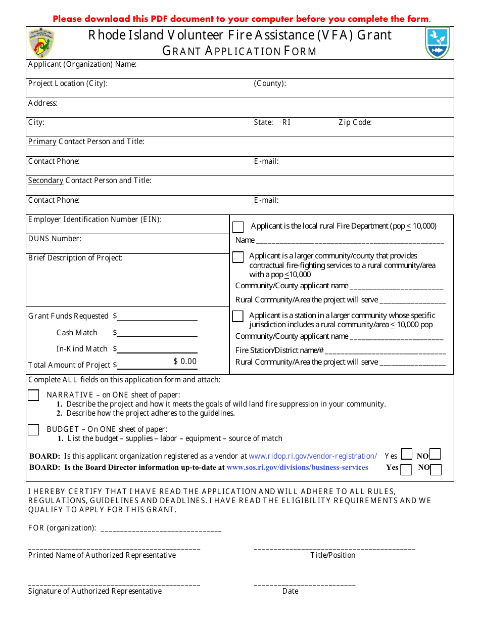 Grant Application Form - Rhode Island Volunteer Fire Assistance (Vfa) Grant - Rhode Island, Page 1