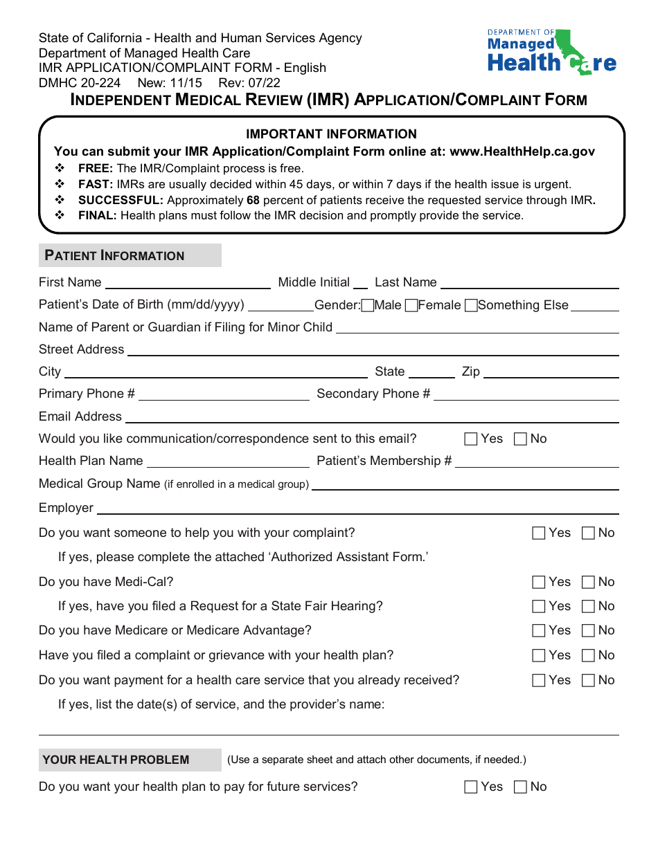 Form DMHC20-224 Independent Medical Review (Imr) Application / Complaint Form - California, Page 1