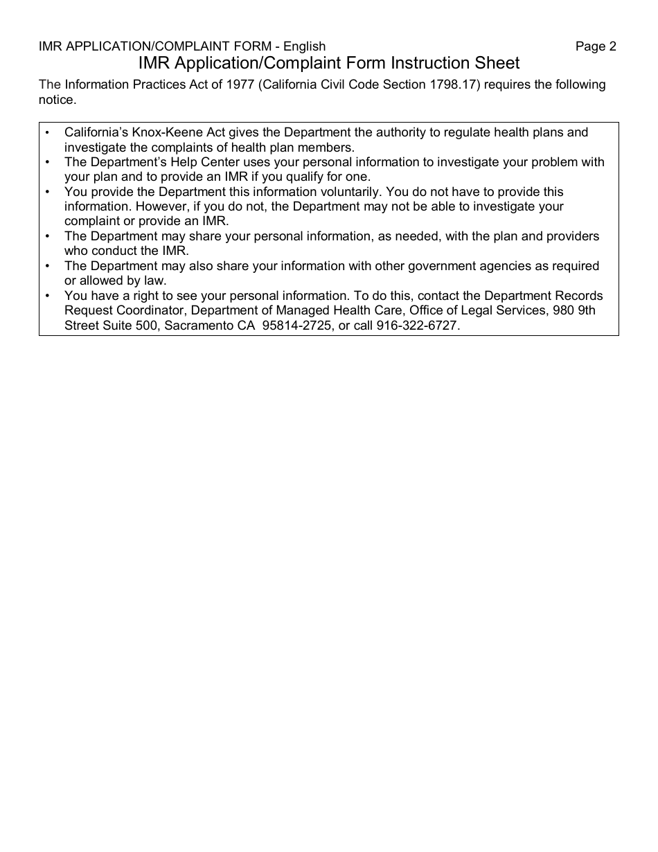 Form DMHC20-224 Independent Medical Review (Imr) Application / Complaint Form - California, Page 5
