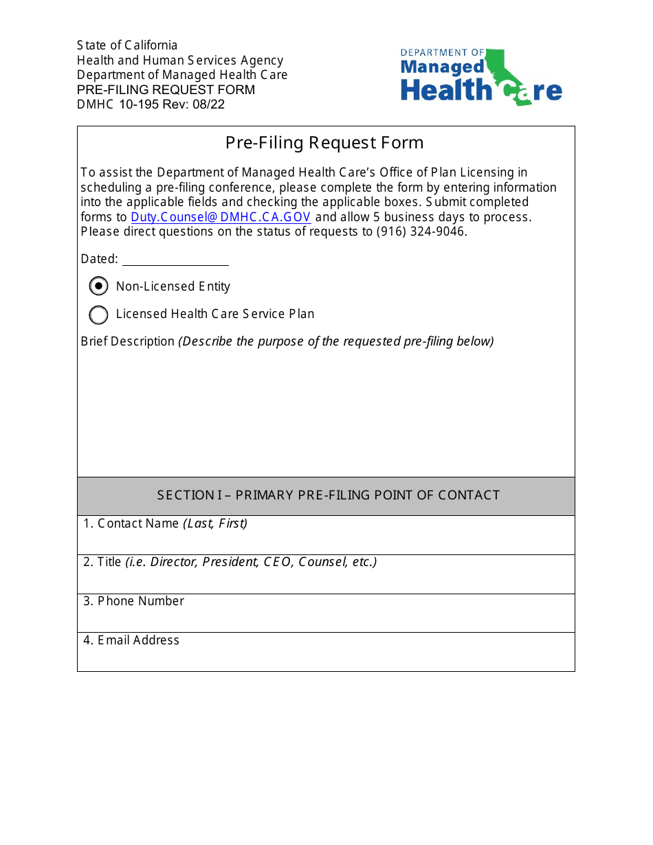 Form DMHC10-195 Pre-filing Request Form - California, Page 1