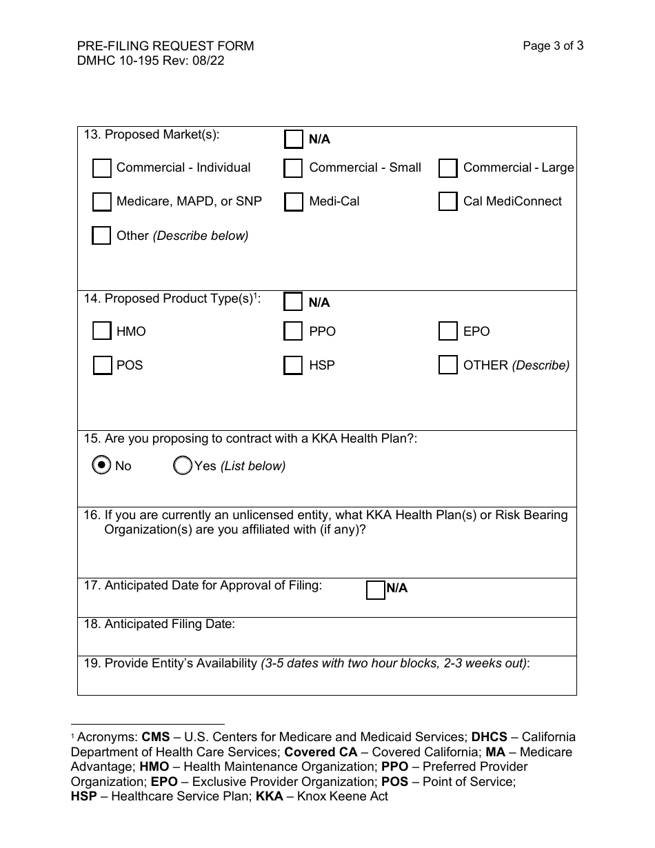 Form DMHC10-195 Pre-filing Request Form - California, Page 3