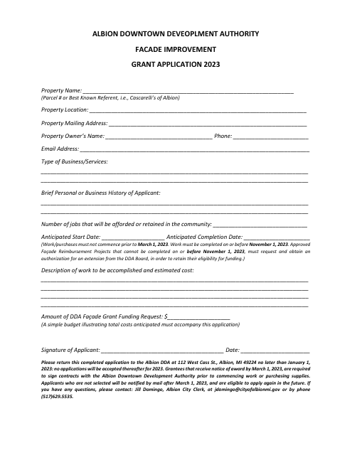 Facade Improvement Grant Application - City of Albion, Michigan, 2023