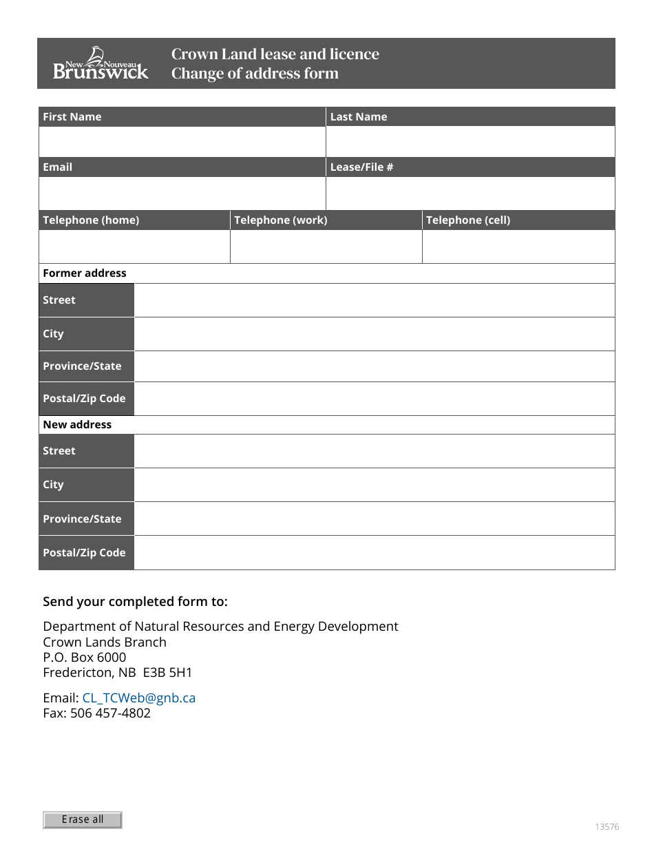 Form 13576 Crown Land Lease and Licence Change of Address Form - New Brunswick, Canada, Page 1