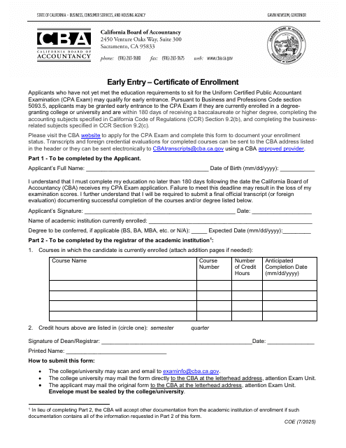 Early Entry - Certificate of Enrollment - California Download Pdf