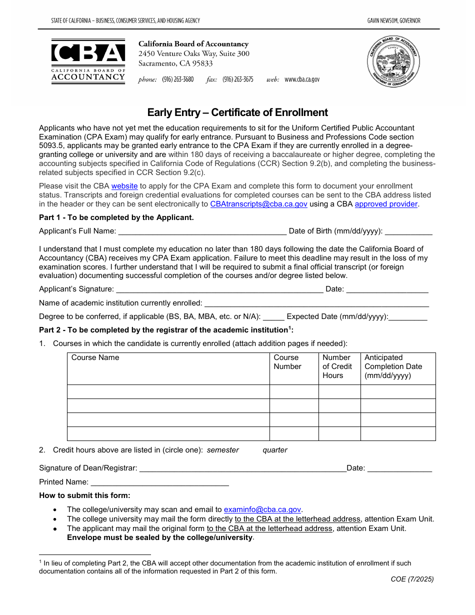 Early Entry - Certificate of Enrollment - California, Page 1