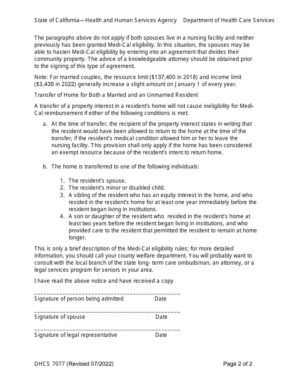 Form DHCS7077 Notice Regarding Standards for Medi-Cal Eligibility - California, Page 2