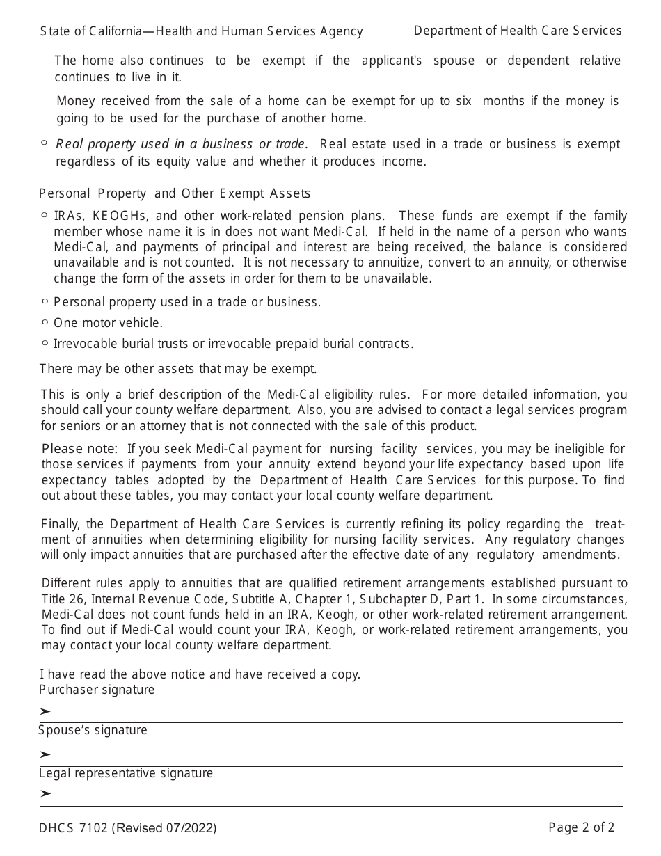 Form DHCS7102 Notice Regarding Standards for Medi-Cal Eligibility and Recovery for Distribution by Insurers, Agents, and Brokers - California, Page 2