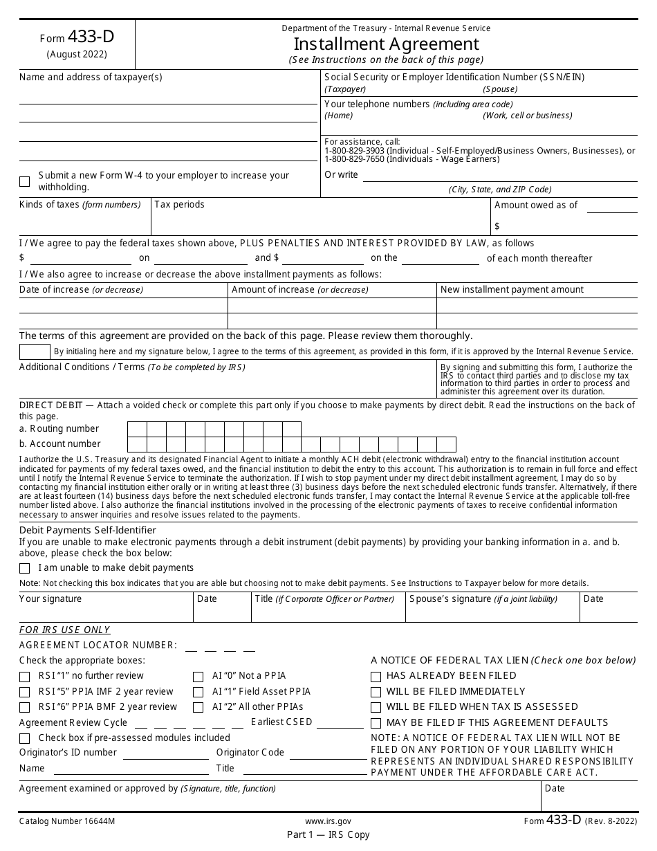 IRS Form 433-D Download Fillable PDF or Fill Online Installment ...