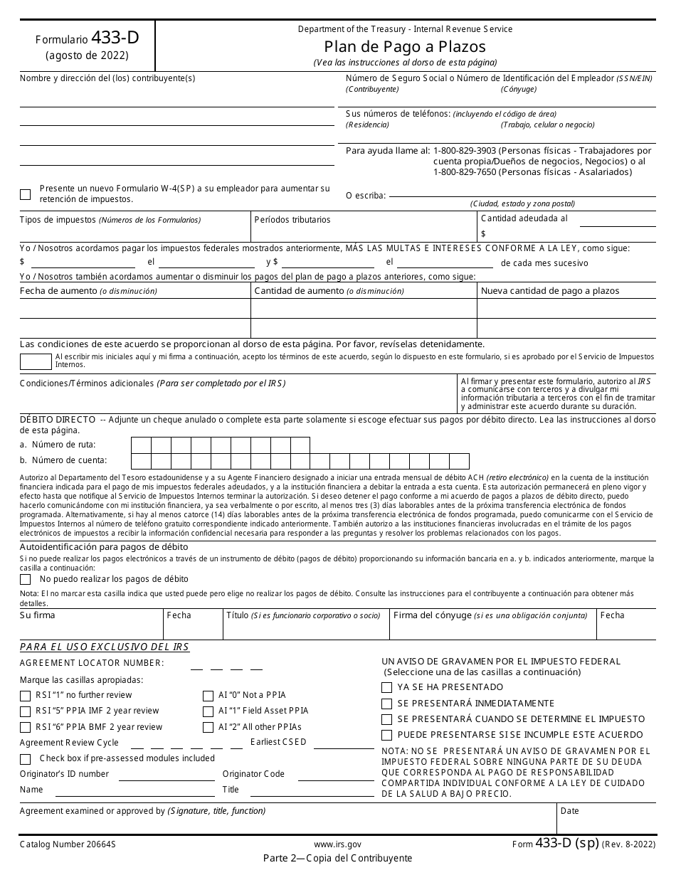 IRS Formulario 433-D Plan De Pago a Plazos (Spanish), Page 3