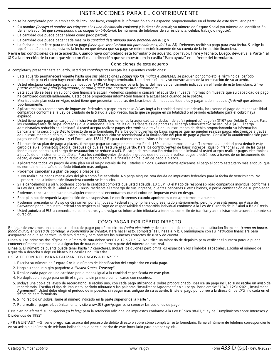 IRS Formulario 433-D Plan De Pago a Plazos (Spanish), Page 4