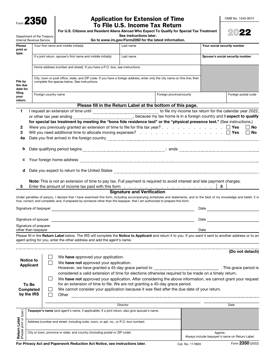 IRS Form 2350 Download Fillable PDF or Fill Online Application for Extension of Time to File U.S