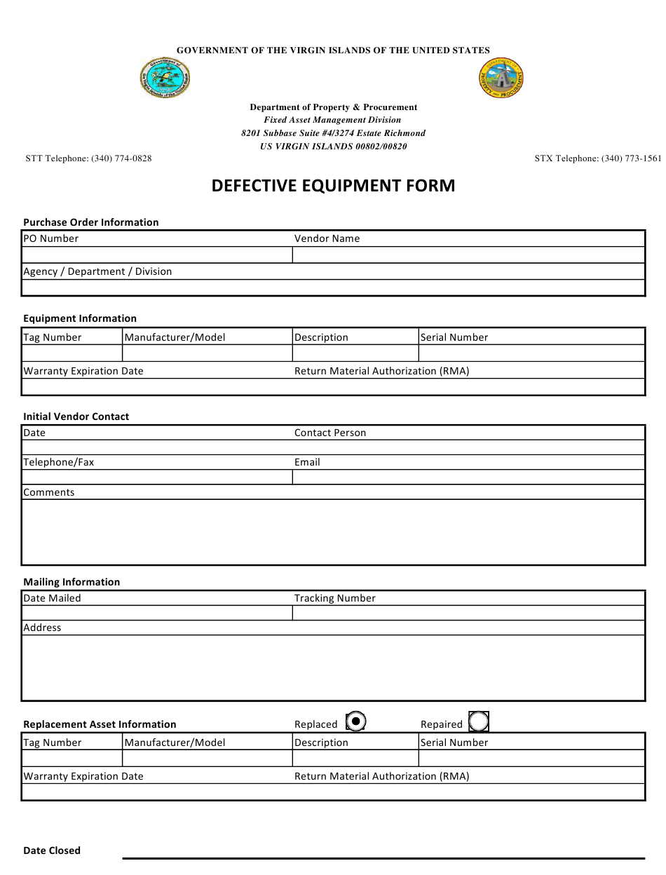 Virgin Islands Defective Equipment Form Download Fillable PDF