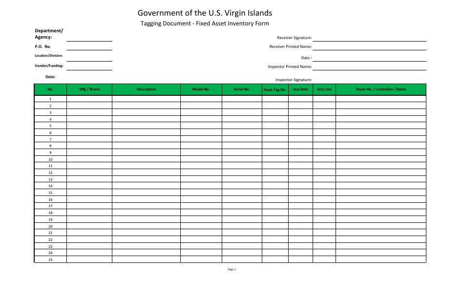 Tagging Document - Fixed Asset Inventory Form - Virgin Islands, Page 1