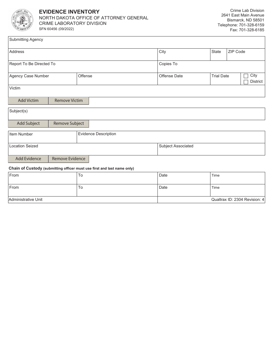 Form SFN60456 Evidence Inventory - North Dakota, Page 1